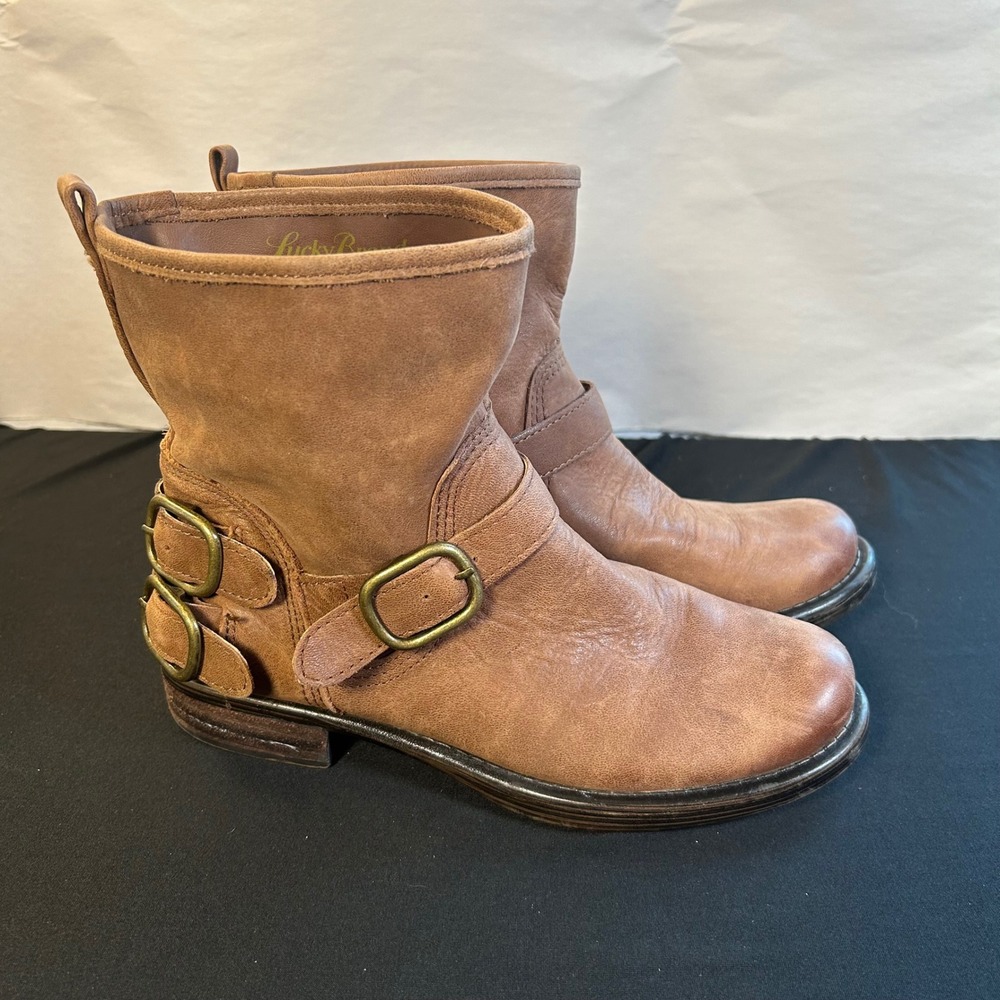 Lucky Brand Norton Brown Leather Buckle Moto Ankle Boots Women's Size 6.5
